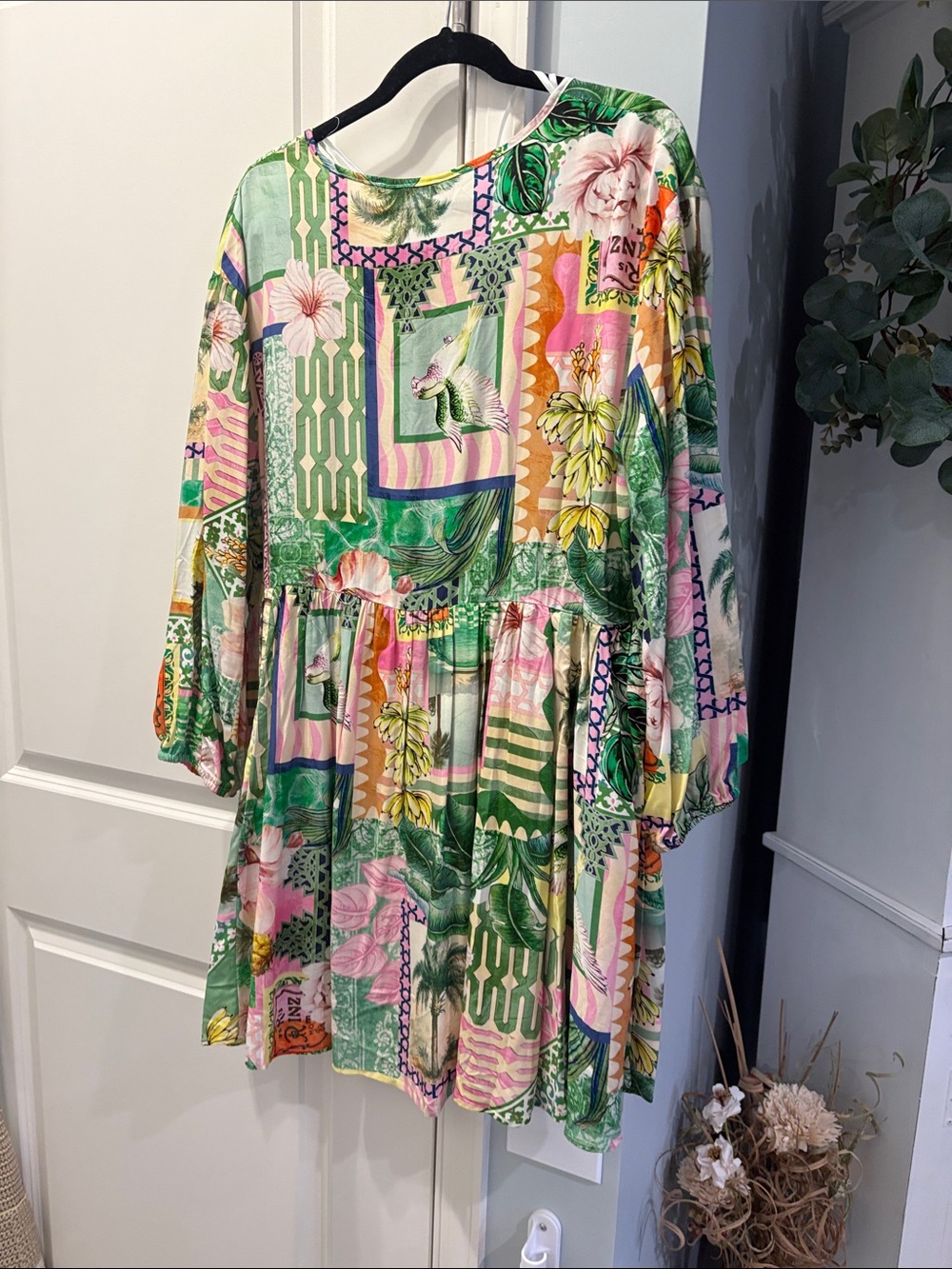 Printed V-Neck Floral Patchwork Swim Coverup in Green and Pink - Picture 2 of 4